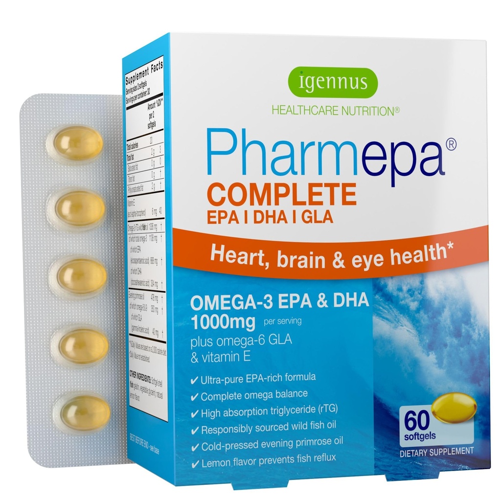 Igennus Pharmepa Complete EPA 668mg & DHA 334mg Omega-3 Acidi grași 1000mg, IFOS Certified, RTG Formular, ulei de pește de mare potențial Plus Omega-6 & 9 din GLA Evening Primrose Oil, Lemon Flavor, 60 Softgels