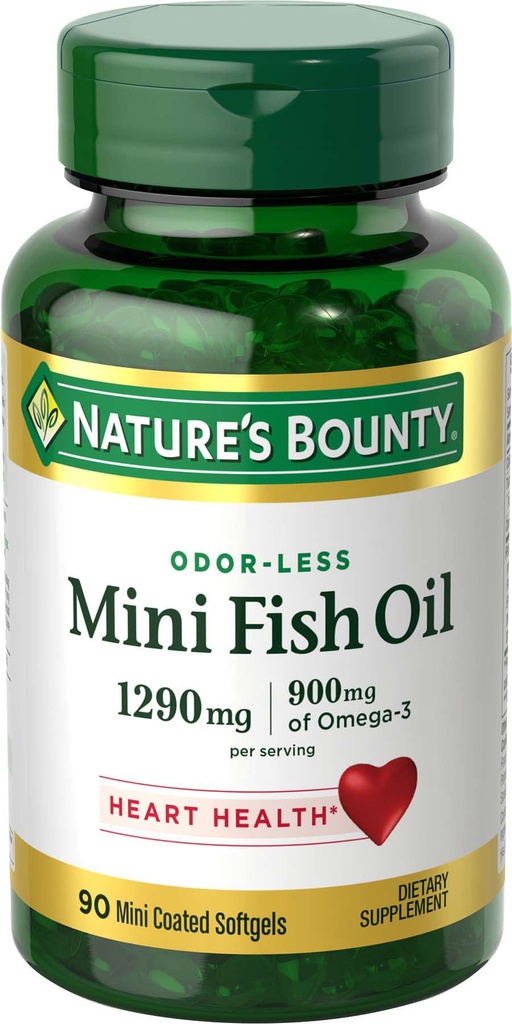 Nature's Bounty Mini Fish Oil Softgels, Burpless Fish Omega 3 Suplimente, Suporturi Heart Health, 90 Softgels (Pachet de 1)