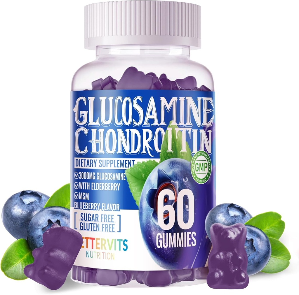 Glucosamine Chondroitin Gummies cu MSM & Elderberry Extra Force - Suport comun, Supplement de suport imun antioxidant pentru adulți, Bărbați și femei.60 Gumme de afine