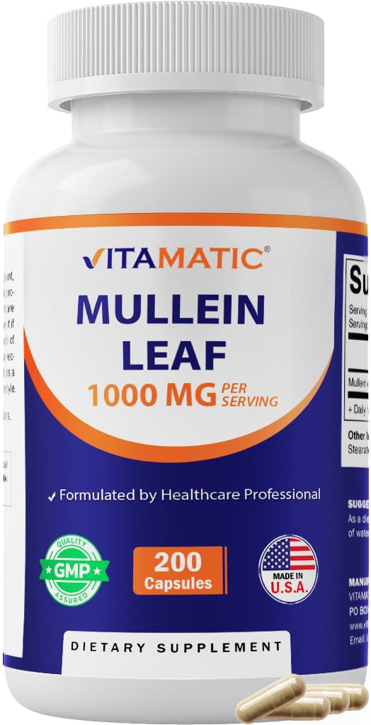 Vitamatic Mullein Leaf 1000 mg per Serving - Suporturi respiratorii sănătoase, funcţie bronşică şi imună - 200 Capsule