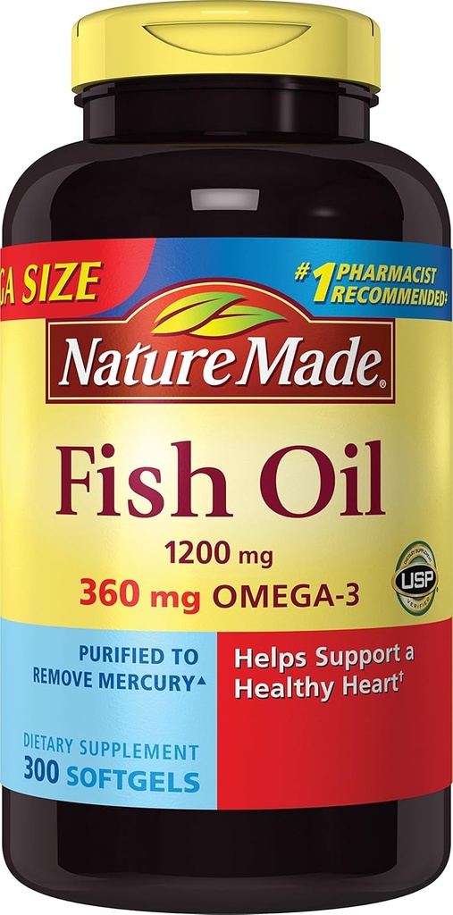 Natural Made 1200mg de ulei de pește, 2400 per Serving, 360mg de Omega-3, 300 Softgels, 300 Conte (Pachet de 1)