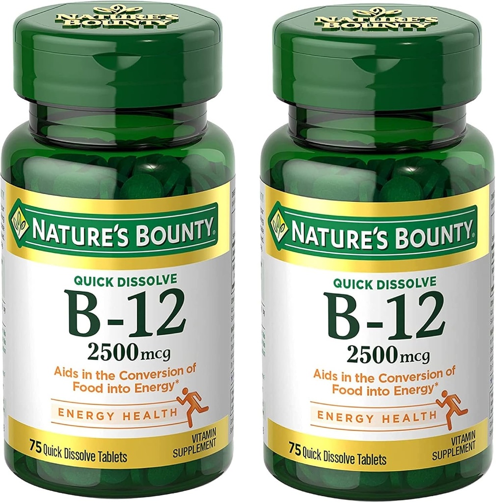 Natura's Bounty Vitamina B12 2500 mcg, Cellular Energy Support, for Energy Metabolism, Heart & Nervosis System Health, 75 Quick Dizolvation Tablets (Pachet de 2)
