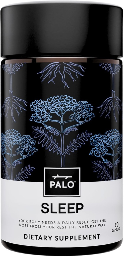 PALO Sleep & Stress Supplement Vegan Melatonin-Free cu rădăcină de valeriană organică, L-Theanină, Magneziu, Mușețel, Balsam de lămâie și Floare de Pasiune 90 Capsule