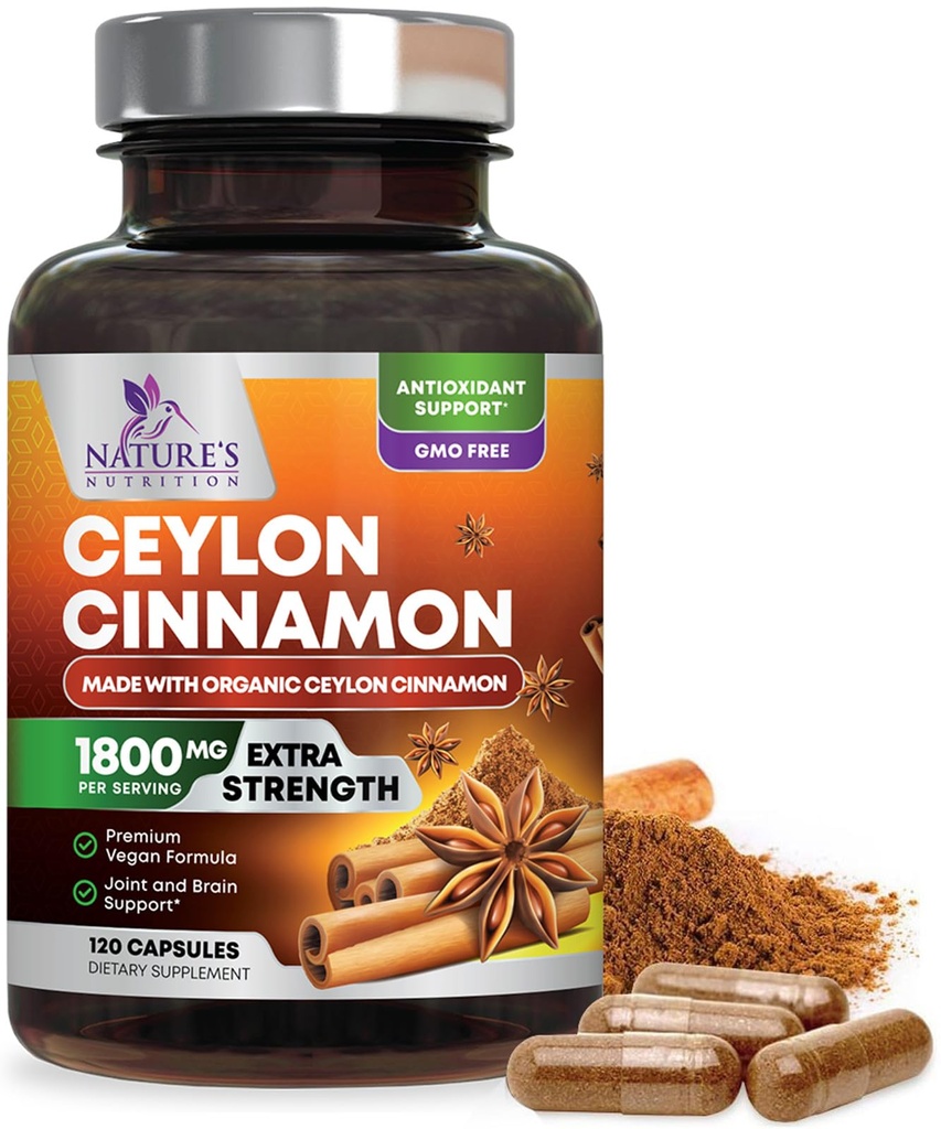 Organic Ceylon Cinnamon Supliment 1800 mg - Certified Organic Ceylon Powder Pastile - Energy & Heart Support for Women & Men, Bottled in USA, Antioxidant, Gluten Free, Non-GMO - 120 Capsule