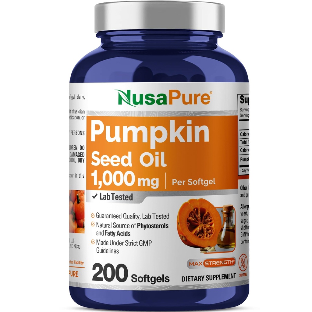 NusaPure ulei de semințe de dovleac 1000mg 200 capsule Softgel (non-GMO, Soyfree) Fitosteroli naturali