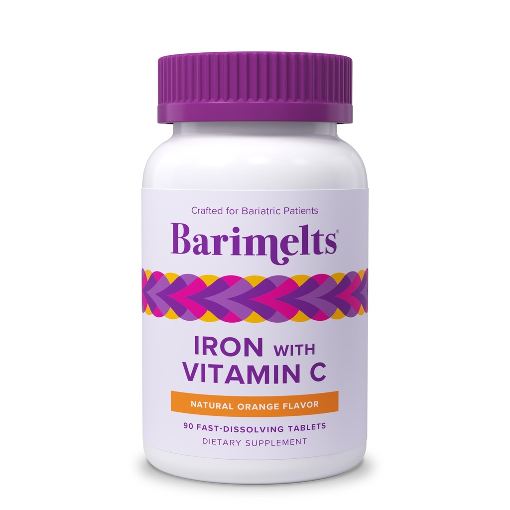 Barimelts Fier cu vitamina C, 90 comprimate care se dizolvă rapid (1 lună de aprovizionare), supliment de fier bariatric fără zahăr pentru femei, aromă naturală de portocale