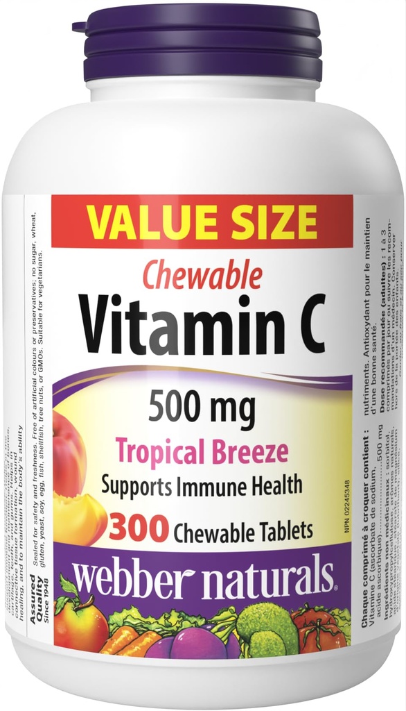 Webber Naturals Vitamina C, 300 Chewable Tropical Breeze tablete de aromă, 500 mg de vitamina C per comprimat, oase, dinți, imun și suport antioxidant, non OMG-uri, lactate și gluten gratuit