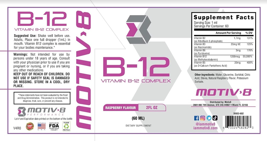 Motiv-8 Essentials Vitamina B-12 picături, sublingual, Ușor de a lua supliment lichid, Sprijină Sănătatea ochilor, Energia Creierului, Sistem Nervos, Cognition & Memorie (60 Servings, zmeură)