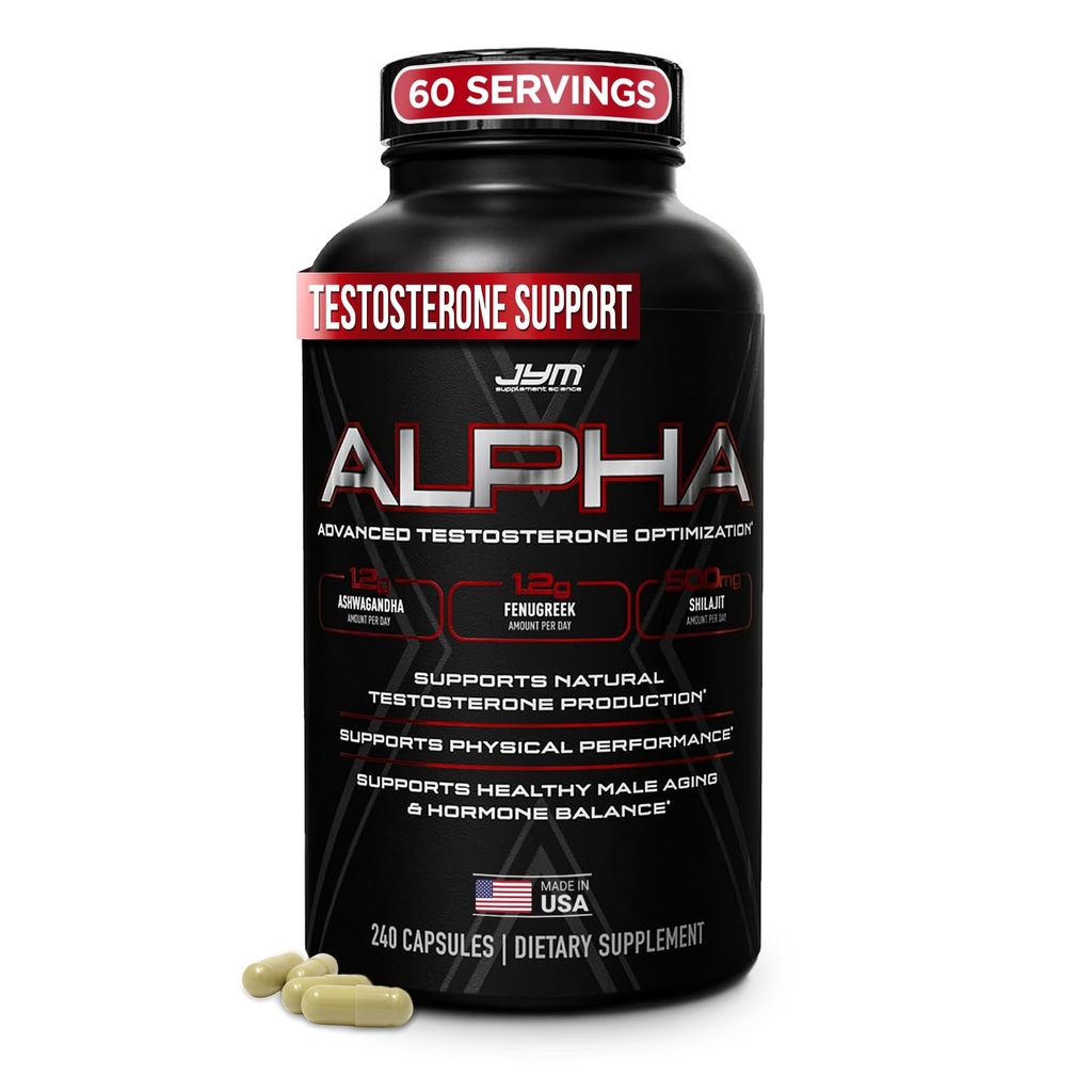 Alpha JYM X Advanced Hormone Optimization, Vitality, Optimization, DHEA, Ashwagandha, Boron, Shilaj, Fenugreek, Eurycoma, Damiana, Querbetin, DIM, JYM Suplimental Science, 240 Capsule
