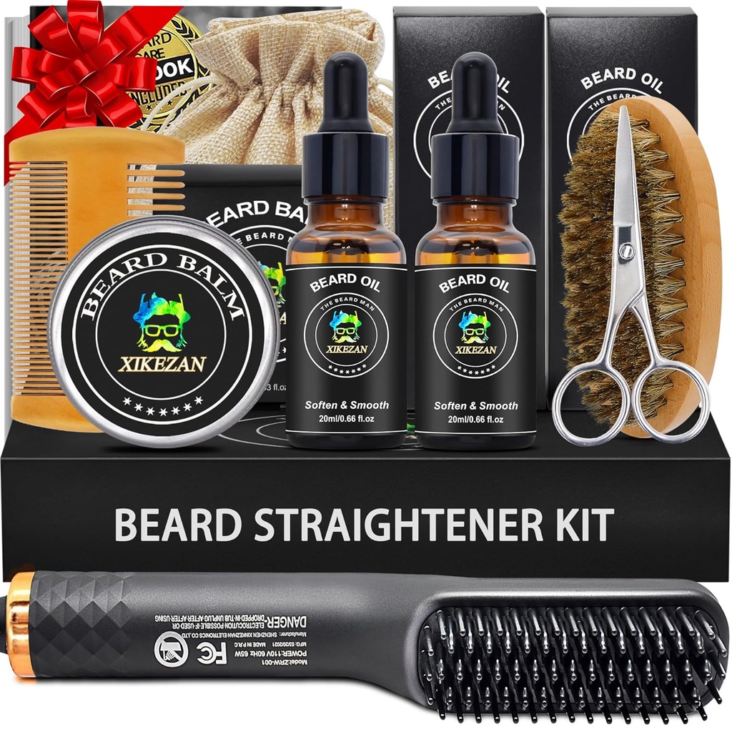 XIKEZAN Barbă Kit pentru bărbaţi Grooming & Straighting Set,w/Beard Straightener, 2 Pack Oil, Balm, Comb, foarfece, Brush, Ziua de nastere Valentine Cadouri pentru el Tata Bărbaţi Prieten Crăciun Stocking Stuffers