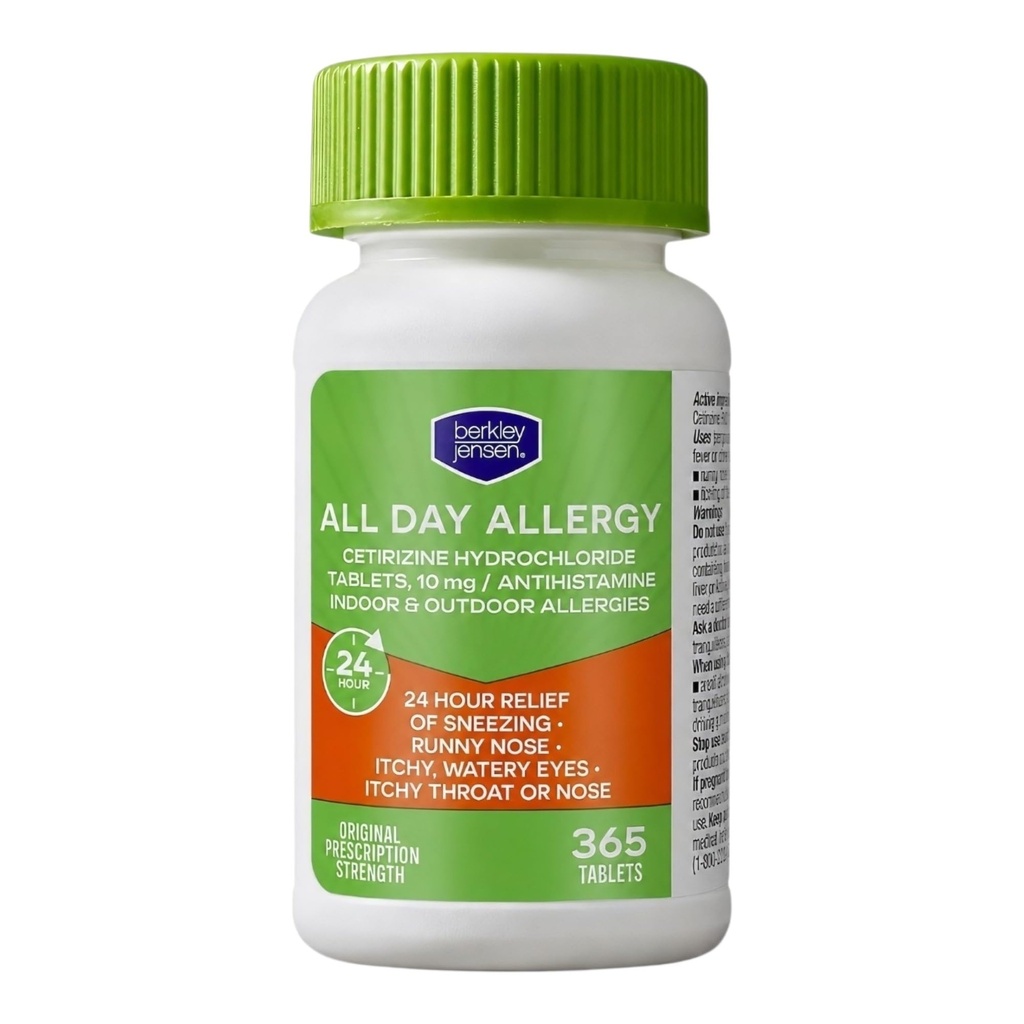 Berkley Jensen 24 Ore Ajutor pentru alergii (365- Count), 10 mg Cetirizină clorhidrat Antihistaminic - Alergie rapidă Medicină pentru alergii interioare și exterioare, Comprimate de înghițire ușoară, Comparativ cu Zyrtec