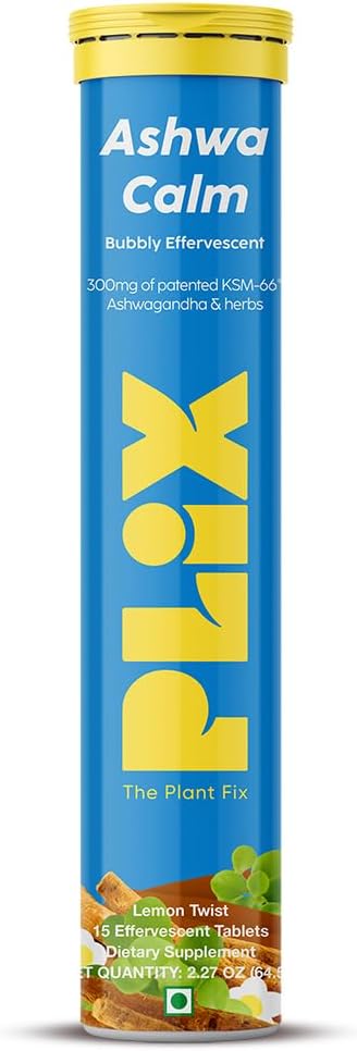 PLIX - PLANTA FIX KSM-66 Ashwagandha 300mg Suplimente efervescente pentru stres, Mood & Energy Support cu vitamina D3 & Brahmi - 15 Vegan, Non-GMO, Gluten-Free tablets, Pachet de 1