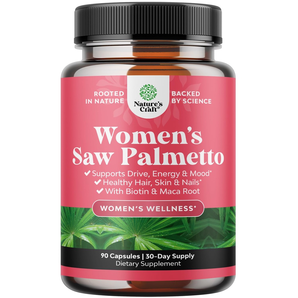 Putere suplimentara Saw Palmetto pentru femei 500 mg - DHT Blocker pentru femei 30 zile de aprovizionare - Vitamine de par pentru pierderea parului supliment - Saw Pure Palmetto Extract capsule cu Maca Root & Biotina - 90 capsule