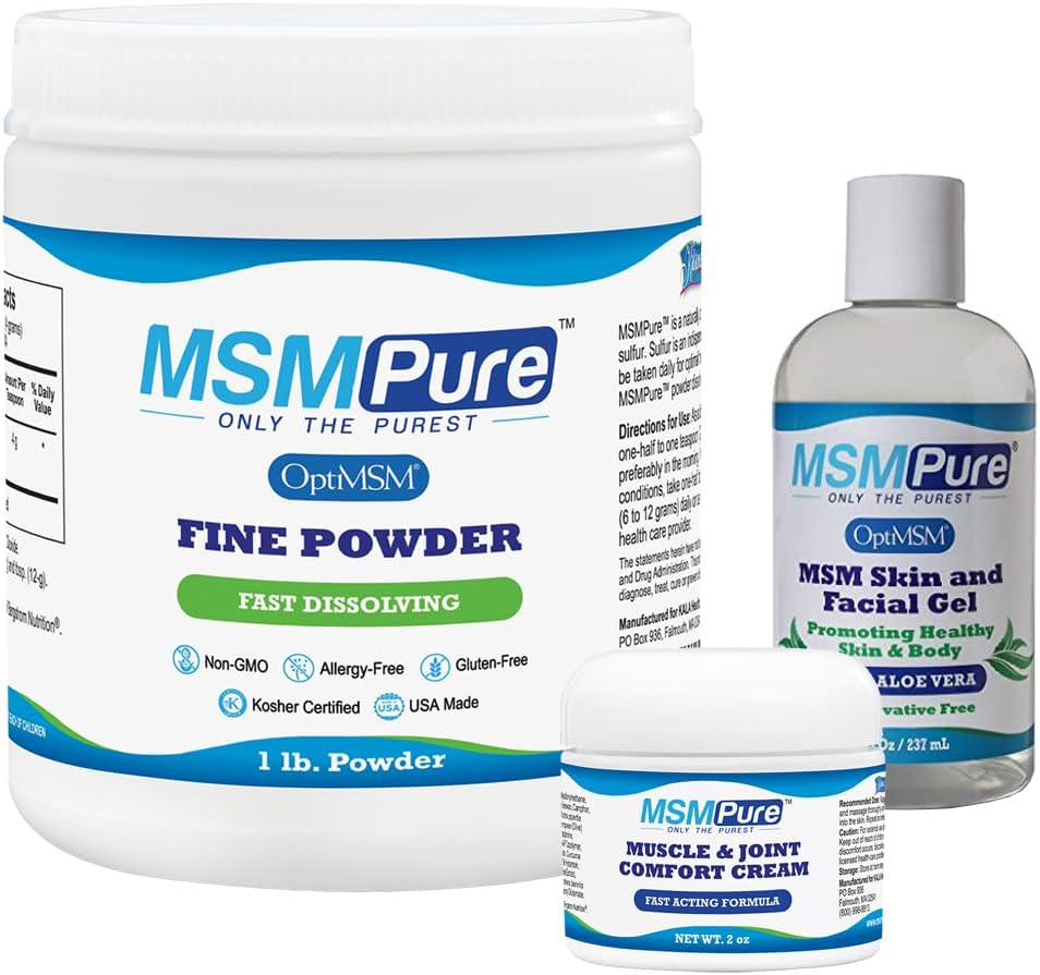 KALA HANITY MSMPure Starter Bundle cu MSM Fine Powder 1lb, MSM Muscle & Joint Cream 2oz și MSM Gel cu Aloe organic 8oz