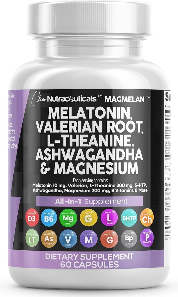 Clean Nutraceuticals Melatonin 10mg Root Valerian L Theanine 200mg Ashwagandha - Sleep Support for Women & Men with Magnezil Complex, Lemon Bals, Chamomile, & Passion Flower - 60 Caps