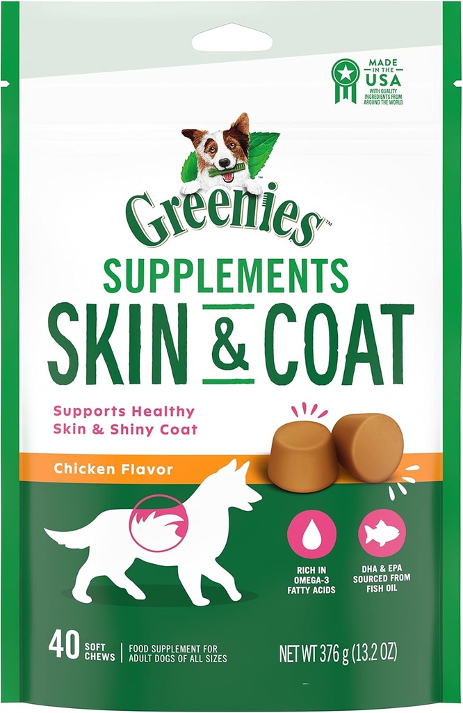 GREENIES Skin & Coat Suplimente alimentare cu ulei de pește & Omega 3 acizi grași, 40-cont de pui-Flavor Chews moale pentru câini adulți de toate dimensiunile