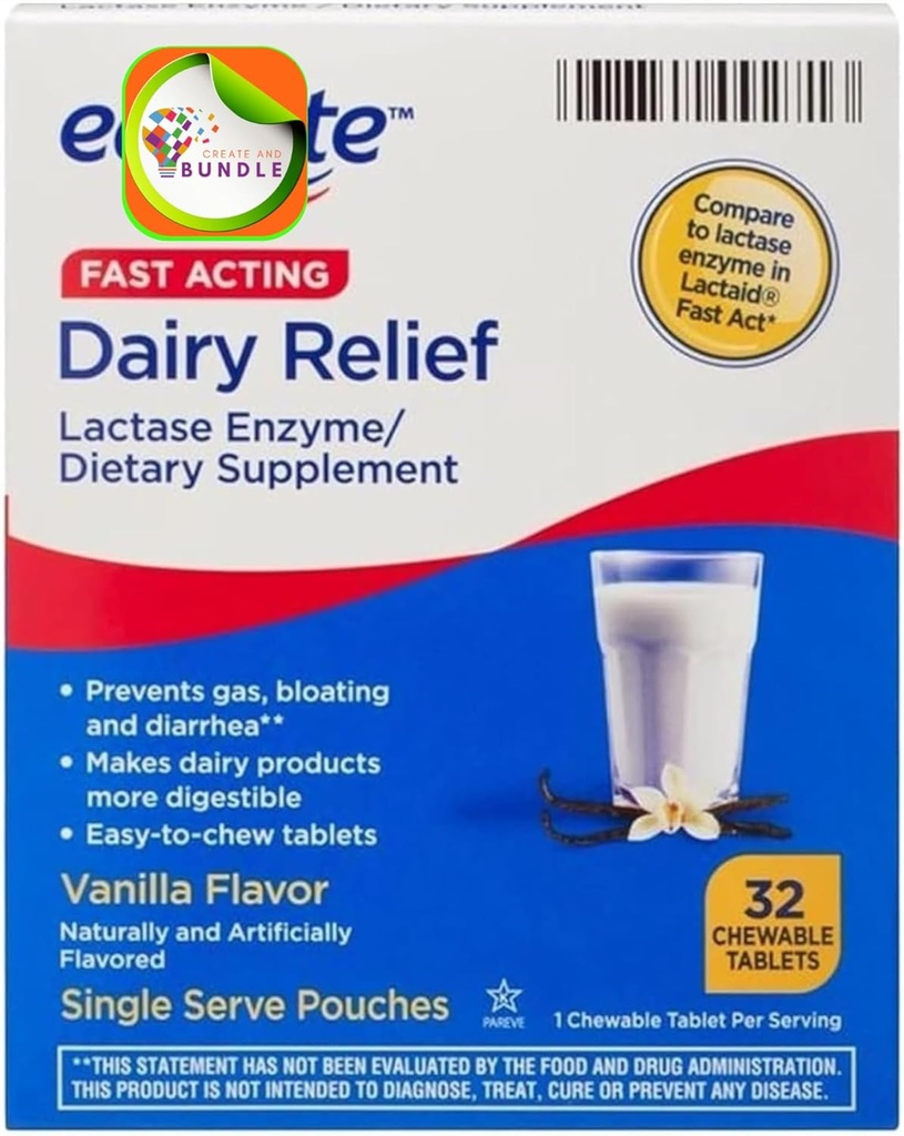 Equate Rapid Acting Dairy Relief Lactase Enzyme Supliment alimentar Vanilla Aromă masticabile Tablete 32 Număr (Pachet de 1) + CreativeAndBundle Sticker