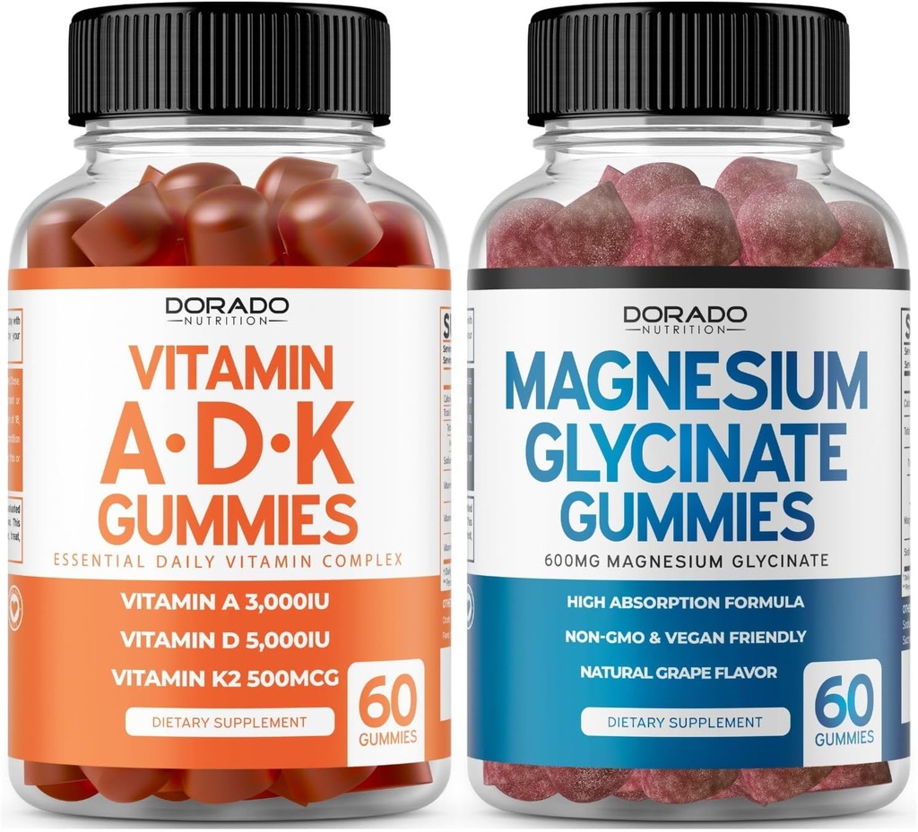 ADK Gummies Vitamina D3 K2 (60 Count) Supliment cu D & K-10 Vegan Supliment Raspberry Aroma - Magneziu Glycinate (60 Count) - Gumiile glicinate pentru adulți - Non OMG, Vegan & Made in USA
