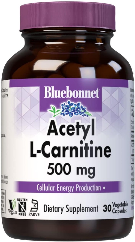 Bluebonnet Nutritie Acetil L-Carnitina, Transporturi Acidi grasi, Boosts Cellular Energy, Soy & Gluten-Free, Kosher Certified, Vegan, 30 Capsule vegetale, Alb, 500mg