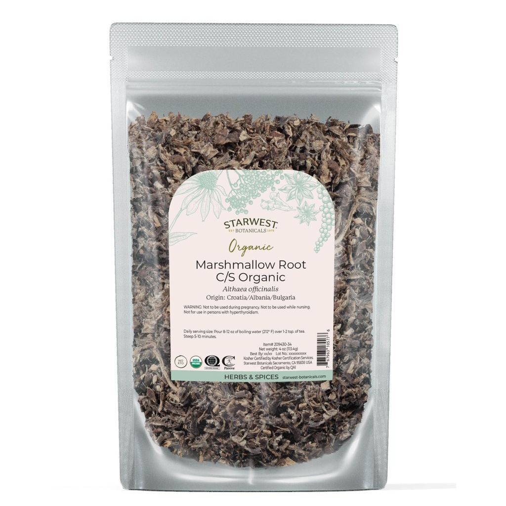 Starwest Botanics Organic Marshmallow Root - Herb uscat pentru ceai, Loose Leaf Root Herb, Cut & Sifted, Certified Kosher, Non-GMO - 4 oz Pouch