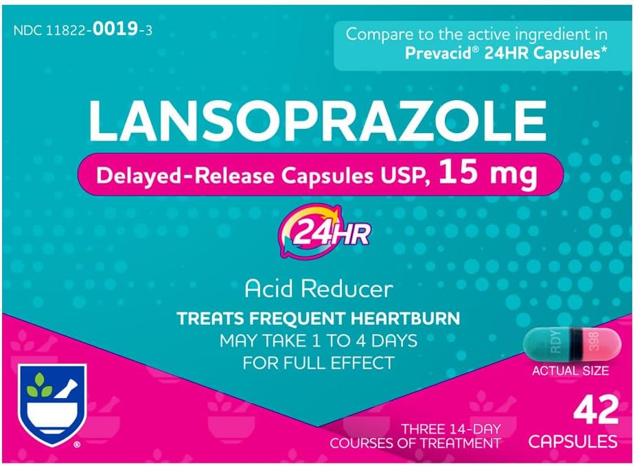 Rite Aid Lansoprazol 15 mg - 42 capsule, Reductor acid capsule cu eliberare întârziată USP, Arsuri la stomac şi Reflux acid, până la 24 de ore de ajutorare