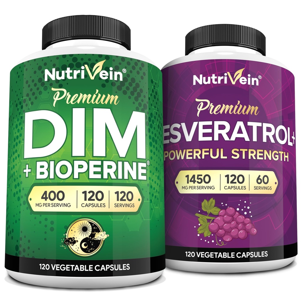 Nutrivein Premium Resveratrol Capsule și supliment DIM Bundle: Suplimentul Resveratrol de mare absorbție și DIM pentru recuperare, echilibru și vitalitate