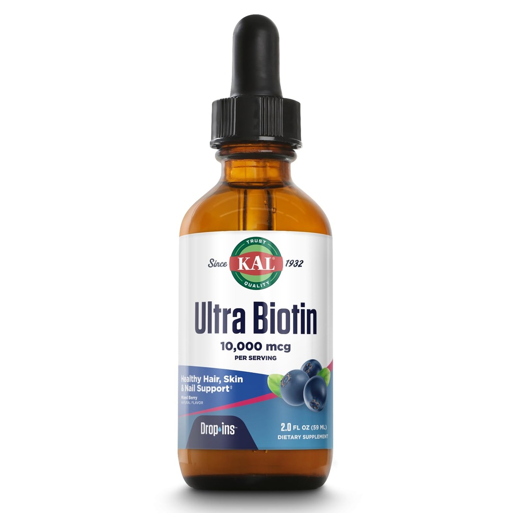 KAL Ultra Biotin 10000mcg DropIns, Picături de biotină lichid, Suplimentul de creștere a părului, Potență ridicată Vitamina B7, păr sănătos, piele, unghii și suport energetic, Aroma de Berry amestecat naturale, Approx. 59 Serv, 2oz