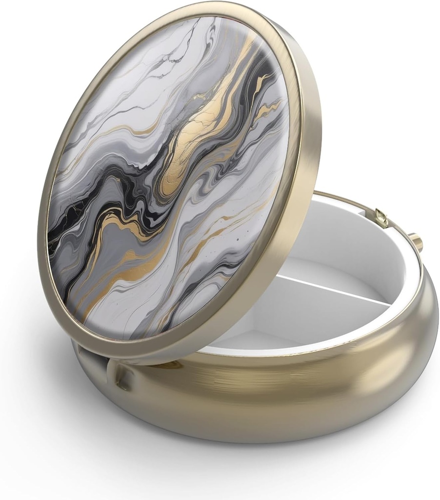 Pilulă cutie de pastile cu oglindă retro 3 Compartiment cutie pilulă mică pentru Purse sau Pocket Bronz mic cutie de pastile Roud sau vitamine, ulei de pește, Suplimente, Pilula Contine cadouri de călătorie (Black Gold Marble)