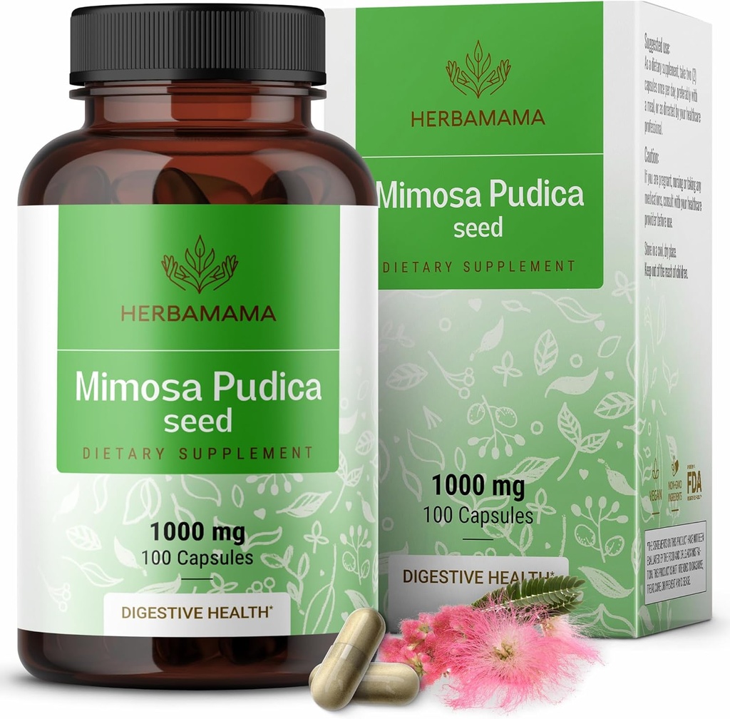 HERBAMAMA Mimosa capsule de semințe Pudica - 1000mg Mimosa Pudica Extract pulbere pentru Digestive Cleanse & Detox - Vegan, non-GMO Supliment de suport digestiv, 100 Caps