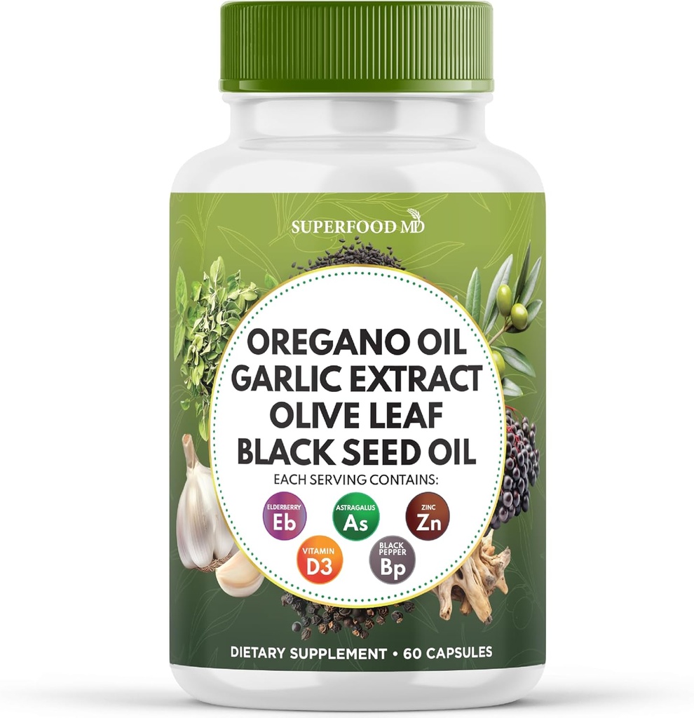 Superfood MD Oregano Ulei de usturoi extract Olive Leaf Ulei de semințe negru Astragalus- pentru femei și bărbați- 60 Conte