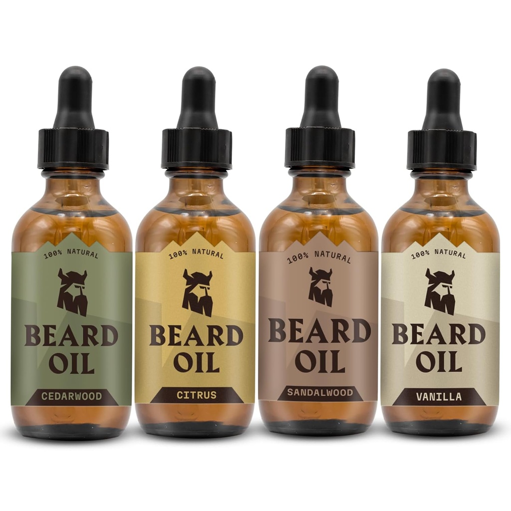 Ulei de barbă Viking pentru bărbați - 0.66 Fl Oz Pack de 4, Vanilla, Sandalwood, Cedarwood & Citrus - promovează creșterea mai completă cu ulei de creștere barbă - Cedarwood Vanilla Scents for Men