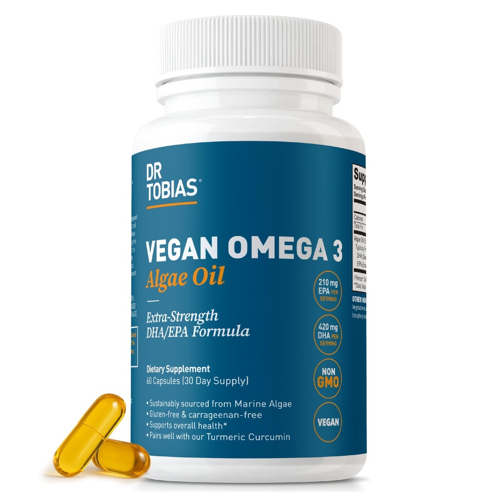 Dr. Tobias Vegan Omega 3 Supliment, 1400mg Ulei de alge, 420mg DHA, și 210mg EPA per Serving, Non-GMO, Gluten-Free, Caragenan-Free, 60 capsule, 30 Serviri