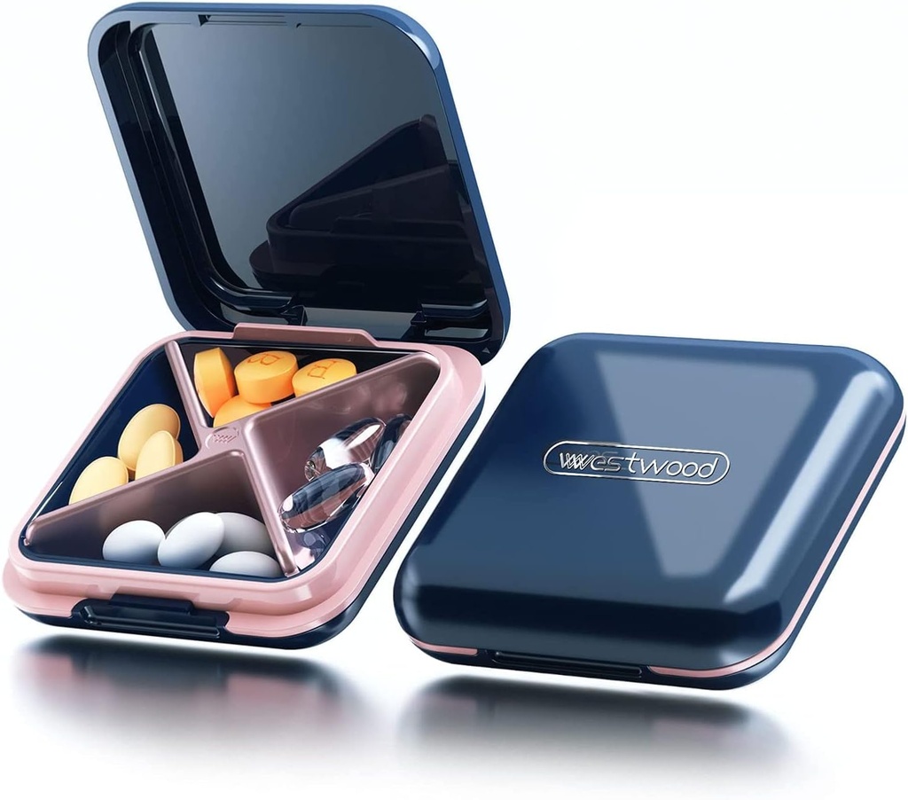 Caz pilula mici, Travel Pill Box, Portable Pilula Container pentru Purse sau Pocket, Daily Medicine Organizator rezistent la apa 4 Compartiment Compact Pilula Holder pentru vitamine, Suplimente, Medicamente