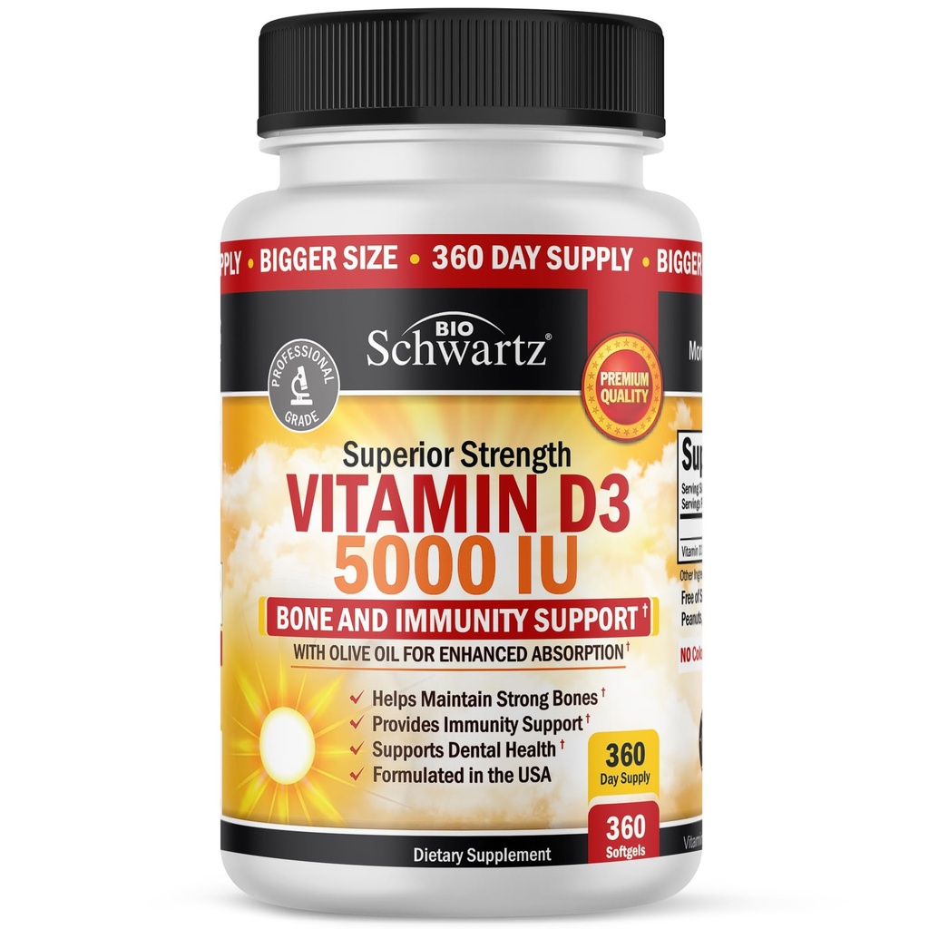 Vitamina D3 5000 UI (125 mcg) Suplimentul de suport imun natural, Concentraţia osoasă, funcţia musculară sănătoasă, cu ulei de măsline pentru absorbţie mai mare, gluten gratuit & non-GMO, 1 an de aprovizionare, 360 Softgels
