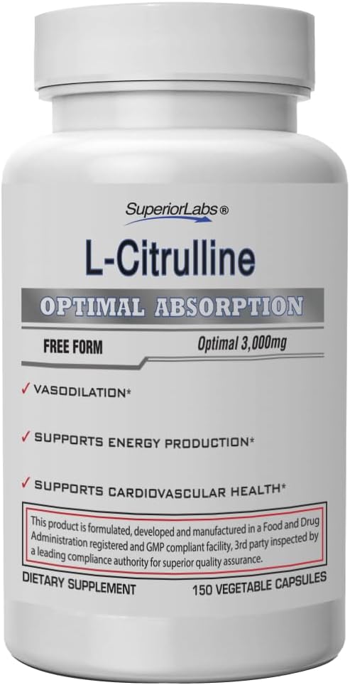 Superior Labs L-Citrulline 3000 mg, non-GMO, de înaltă capacitate Free-Form Acid, oxid de azot și vasodilatație Booster, pompă musculară pre-workout, rezistență, suport cardiovascular, 150 Veg Caps