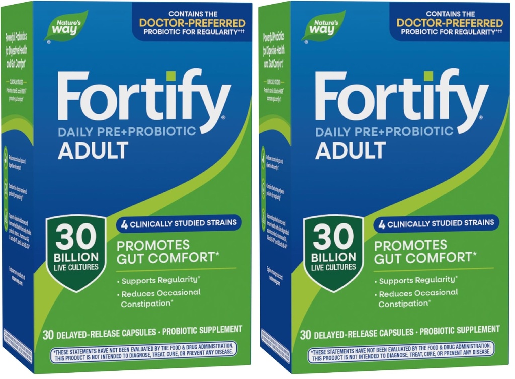 Natura's Way Fortify Daily Pre+Probiotic Adult 30 Miliarde, Probiotice pentru Suport Imun și Digestive Sănătate*, 30 Miliarde Culturi Live, 30 Capsule (Pachet de 2)