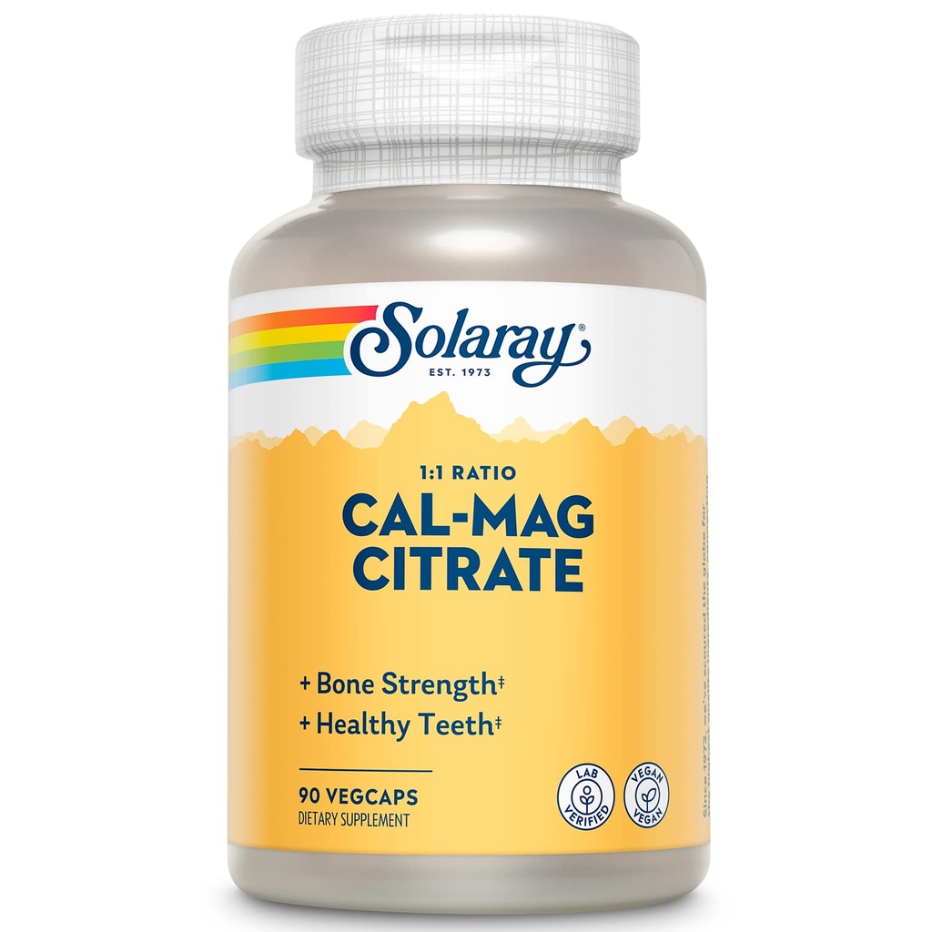 Solaray Citrat de magneziu de calciu 1000mg 1:1 Raport, Suplimentul de rezistență osoasă, musculare, sistemul nervos și de asistență pentru sănătate osoasă, Chelated for High Absorbtion, Gentle Digestion, 15 Serviri, 90 VegCaps