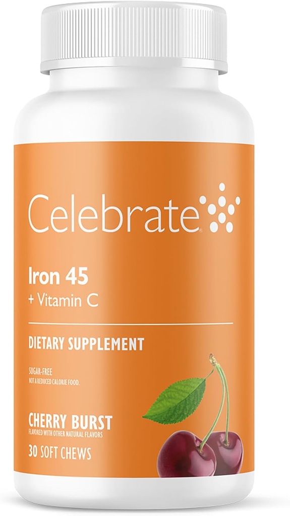 Celebrați Vitamine Suplimentul de fier cu vitamina C - 45mg Fier, 60mg Vitamina C, Vitamine Bariatrice pentru pacienții cu SLS, Vertical Sleeve & Gastric Bypass Chirurgie - Cherry, 30 Chews moale