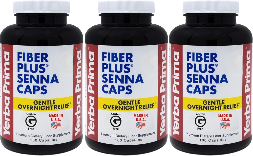 Yerba Prima Fiber Plus Senna Capsule, 180 Conte (Pachet de 3) - 118 Serviri de ajutor blând peste noapte, Statele Unite ale Americii Made, Non-GMO, pentru utilizarea pe termen scurt pentru a restabili regularitate