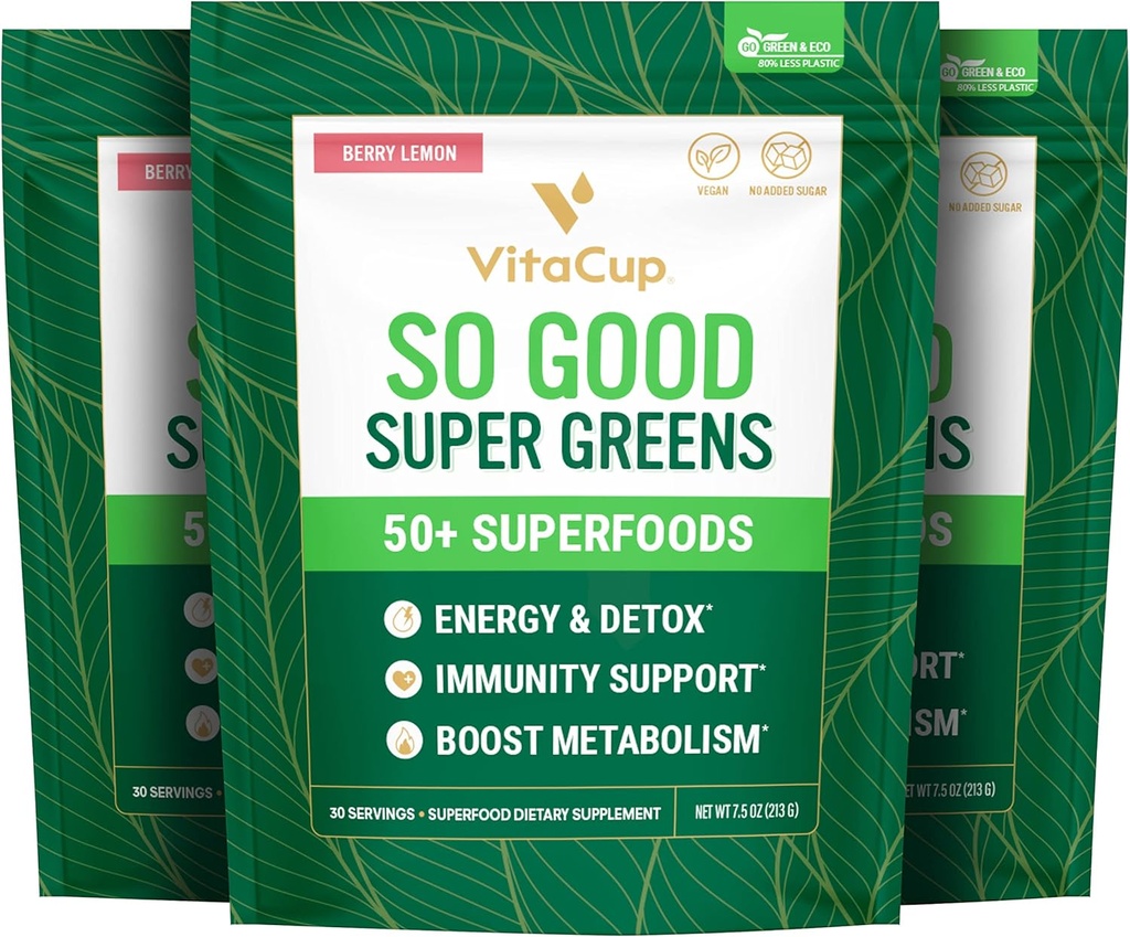 VitaCup Super Greens Powder Smoothie & Juice Mix w/ 50+ Superfoods Premium, Digestive Health, Blaoting Relief, Detox, Gut Health w/Probiotics, Antioxidanti, Berry Lemon, 30 Servings Fiecare, 3 Bags