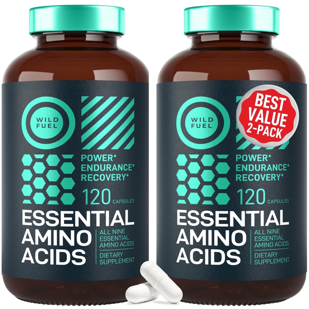Aminoacidul WILD Suplimentul Aminoacizi esenţiali pentru femei şi bărbaţi - Toate cele 9 BCAAs Amino Acid Complex pentru putere şi recuperare - Lysine EAA, Triptofan, Izoleucină - 2 ambalaj 240 Vegan BCAA Capsule