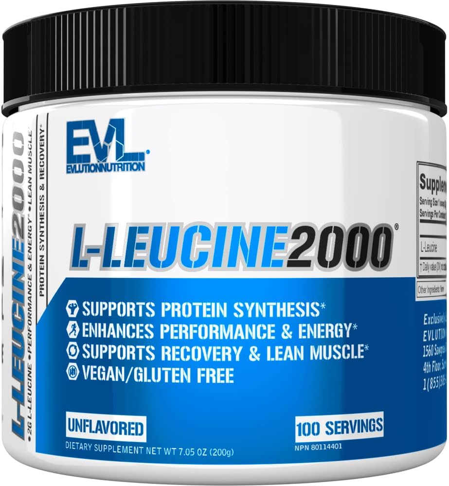 Evlution Nutrition L-Leucine 2000 - Sinteza proteica, Recuperare si suport muscular - Performanta si energie - 2000mg L-Leucine - Gluten Free & Vegan - Pulbere Dietara - 100 Serviri