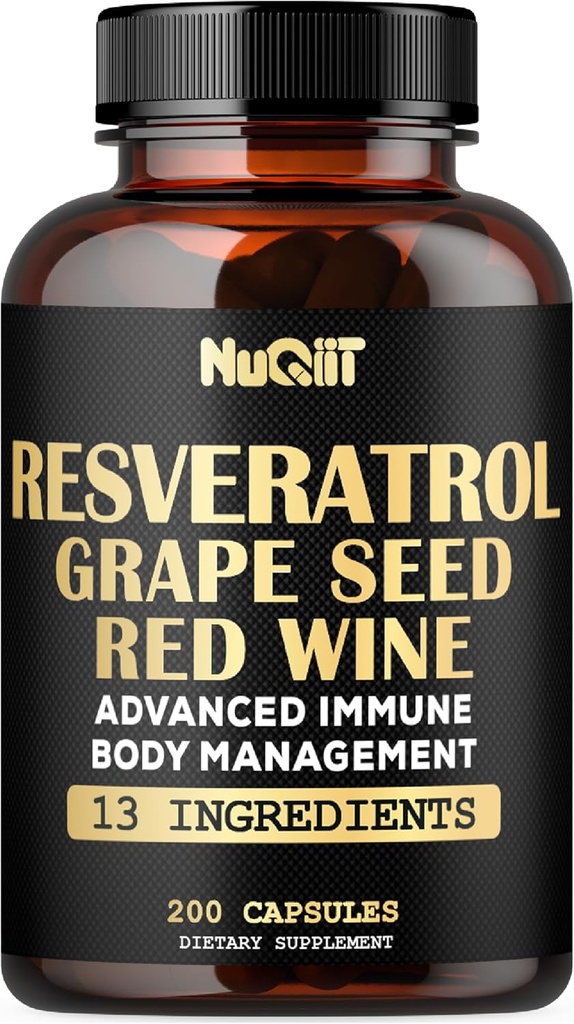 Trans Resveratrol Supliment cu extract de vin rosu, Immune & Body Management Complex - Echinacea, Usturoi Bulb, Berberine HCI, Milk Thistle & More - 200 Capsule pentru 100 Serviri