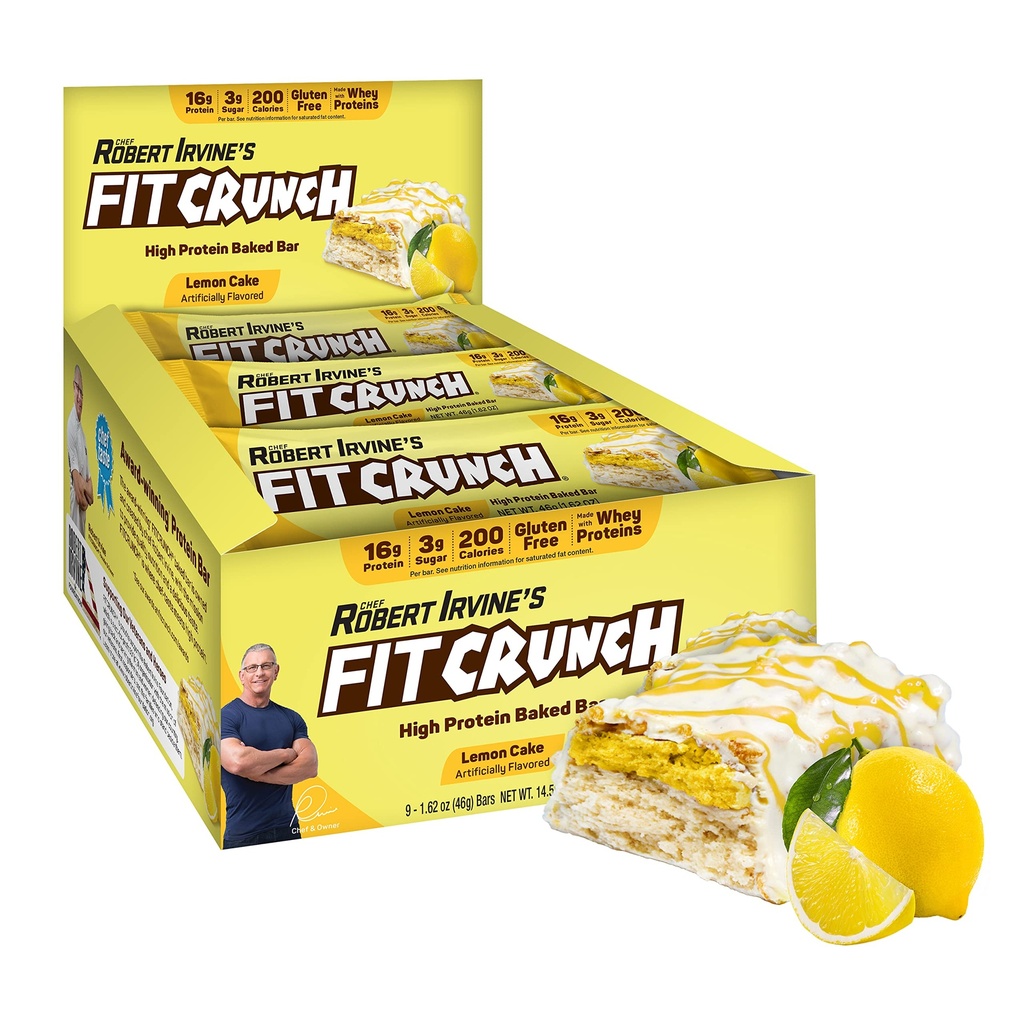 FITCRUNCH Snack Dimensiune Baruri de proteine, 6-Layer Baked Bar, 3g de Sugar & Soft Cake Core (9 Baruri, Lemon Cake)