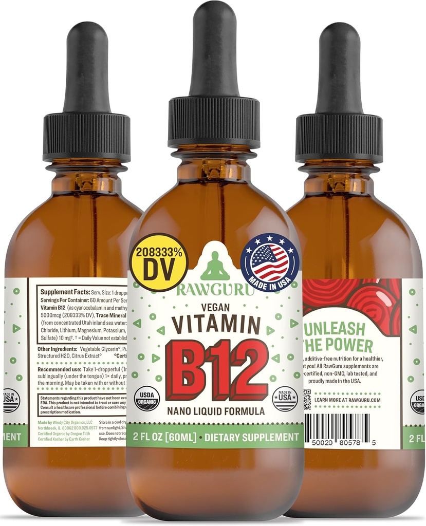 RawGuru Vitamina B12 Supliment lichid - organic Vegan lichid B12 cu urme minerale - Nano-processed antioxidant și suport imunitar supliment Tinctură - 60 Servire picături Vegan pe 60 ml, Pachet de 1