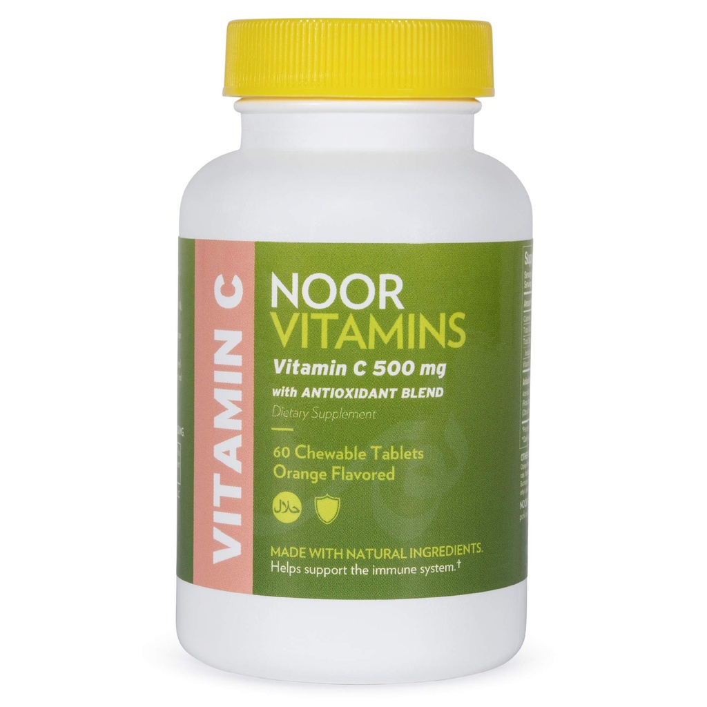Noor Vitamine 500 MG Halal Vitamina C Tablete masticabile + Rose HIPS și antioxidanți I susține sistemul imunitar I Vegan, Gluten gratuit & Halal Vitamina 60 Orange comprimate aromabile I 2 lună de aprovizionare
