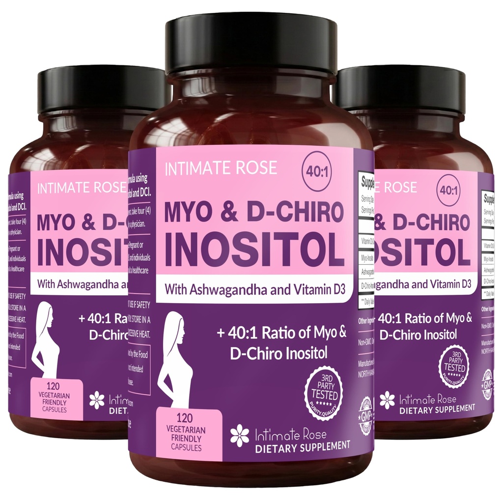 Rose Intimate Myo-Inositol & D-Chiro Inositol Blend - 40:1 Blend Ratio - Femeii de sprijin zilnic Wellness - Vitamina D & Ashwagandha, 3 sticle