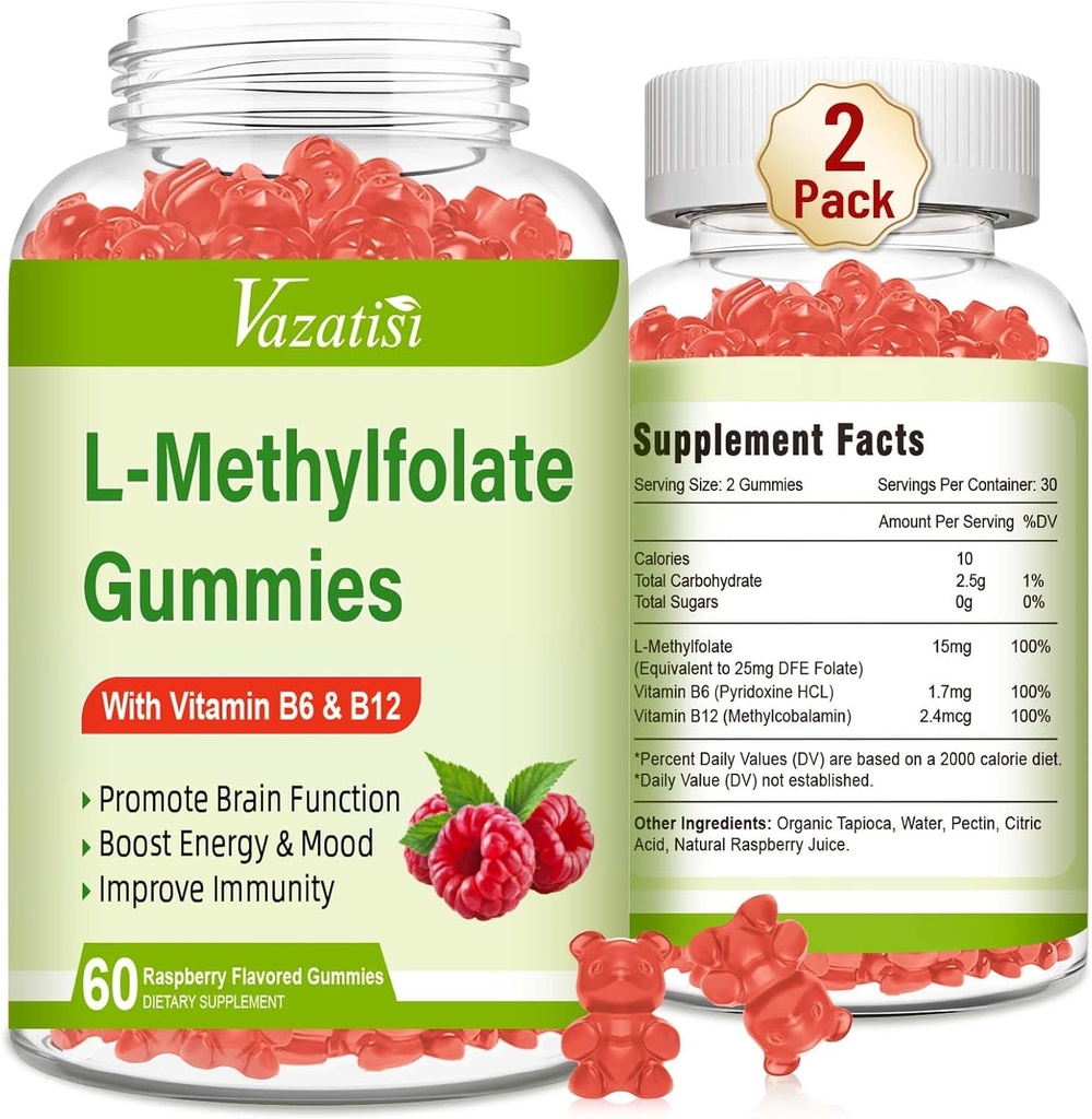L-Metilfolat 15 mg Gummies cu metil B12, Folate Supplement for Mood, Brain Health, Immune Support, Raspberry Flavor, 120 Count