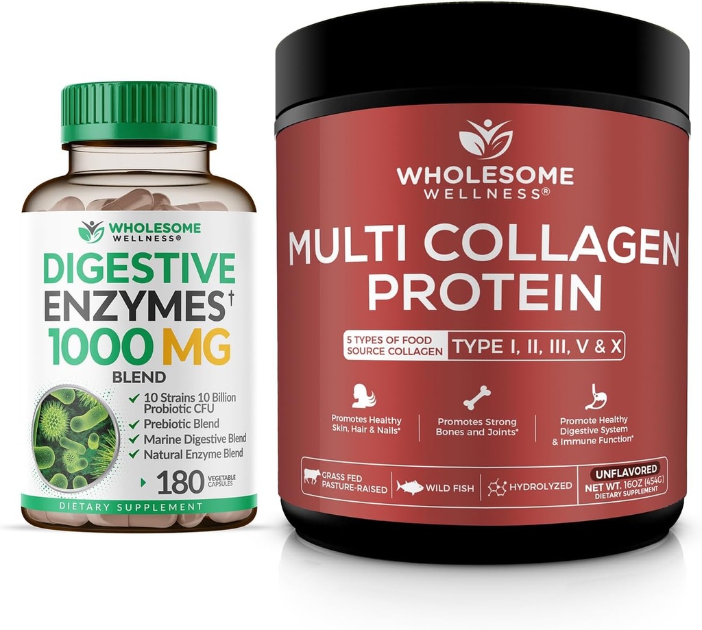 Inteligenta Wellness Enzime digestive 1000MG Plus Prebiotice si Probiotice Supliment + Multi Colagen Pulbere Proteina Hidrolizata (Tipul I III V X) Bundle