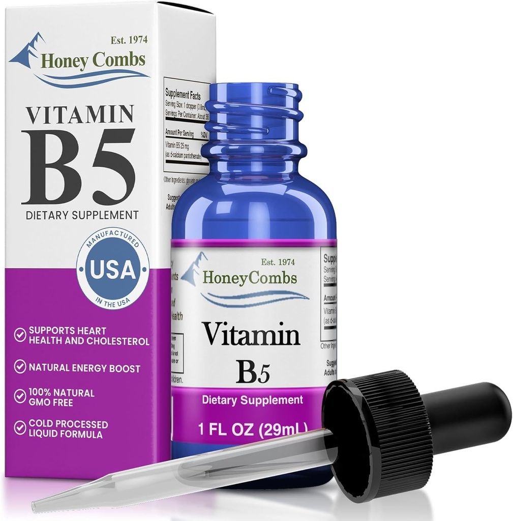 Vitamina B5 Drops lichid acid pantotenic - Made in USA - 500% DV per Servire - 36 Serviri pe container - Mare pentru bărbați, femei, copii - Vitamine lichide Vegan - Marimile vrac, de asemenea, disponibile